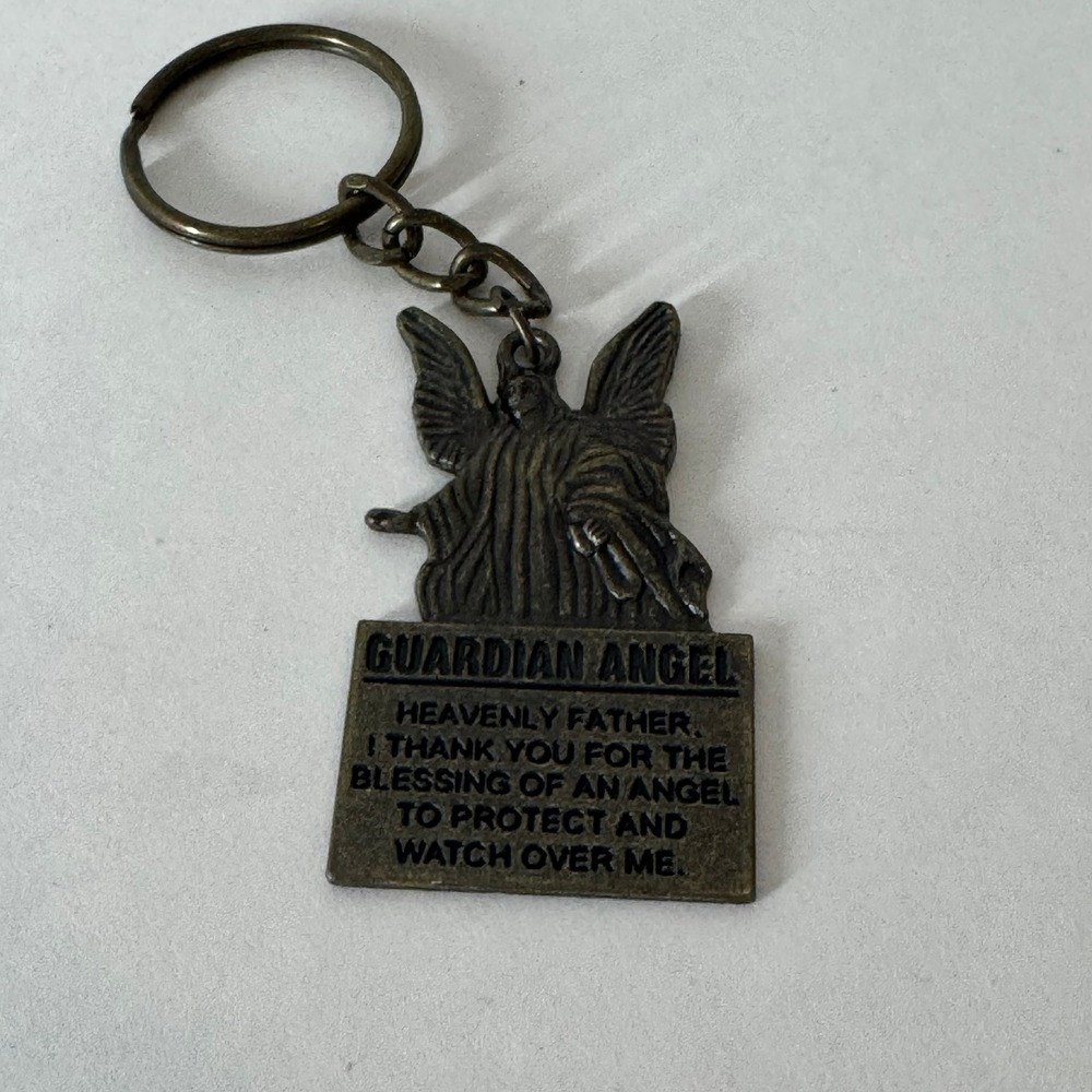 Guardian Angel Religious Prayer‎ Keychain Bronze Tone Spiritual Charm
